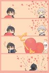  2boys 4koma ^_^ black_gloves black_hair chibi closed_eyes comic gloves heart highres japanese_clothes male_focus mikazuki_munechika multiple_boys open_mouth smile throwing touken_ranbu translated tsurumaru_kuninaga white_hair yaoi yellow_eyes yori_(y_rsy) 