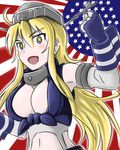  :d admiral_paru ahoge american_flag blonde_hair breasts cleavage commentary_request detached_sleeves headgear iowa_(kantai_collection) kantai_collection large_breasts long_hair looking_at_viewer navel open_mouth purple_eyes raised_fist smile solo star star-shaped_pupils symbol-shaped_pupils 