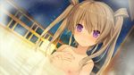  ao_no_kanata_no_four_rhythm arisaka_mashiro bangs bathing blush brown_hair closed_mouth collarbone eyebrows_visible_through_hair flat_chest game_cg hair_between_eyes hand_on_own_chest looking_at_viewer night night_sky nipples nude onsen outdoors partially_submerged purple_eyes sky smile solo steam suzumori twintails upper_body wet wet_hair 