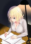  bangs blonde_hair blue_eyes book breast_rest breasts cardigan cleavage collarbone commentary_request desk_lamp highres lamp large_breasts long_sleeves mechanical_pencil open_book original parted_lips pencil short_hair shuko_hime solo studying tawagoto_dukai_no_deshi 