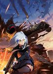  absurdres assault_rifle beret building car doitsu_no_kagaku explosion firing girls_frontline green_eyes ground_vehicle gun hat heckler_&amp;_koch highres hk416 hk416_(girls_frontline) jeep long_hair motor_vehicle multiple_girls parachute rifle submachine_gun thighhighs thompson_submachine_gun thompson_submachine_gun_(girls_frontline) weapon 