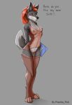  4_toes anthro areola bottomless breasts brown_eyes canine clothed clothing countershading digitigrade english_text female folder fur grey_fur hair inner_ear_fluff legwear mammal nipples piranha_fish pussy red_hair sheer_clothing simple_background solo standing stockings text toeless_(marking) toes translucent transparent_clothing 