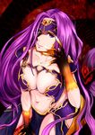  1girl breasts cleavage fate/grand_order fate_(series) gorgon_(fate) highres kneeling large_breasts lips long_hair midriff monster_girl navel purple_eyes purple_hair revealing_clothes scales solo thighs 