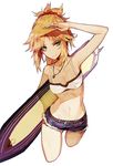  arm_up bandeau blonde_hair breasts cowboy_shot denim denim_shorts fate/apocrypha fate/grand_order fate_(series) green_eyes jewelry looking_at_viewer mo_(mocopo) mordred_(fate) mordred_(fate)_(all) navel necklace ponytail shorts small_breasts solo strapless surfboard white_background 