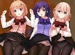  3girls :o alternate_costume aoyama_blue_mountain blonde_hair blue_eyes blush bow bowtie breasts crotch_seam gochuumon_wa_usagi_desu_ka? hoto_cocoa komone_ushio long_hair looking_at_viewer medium_breasts multiple_girls open_mouth panties panties_under_pantyhose pantyhose purple_eyes purple_hair rabbit_house_uniform short_hair skirt skirt_lift tedeza_rize twintails underwear 