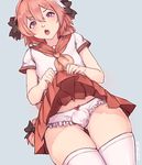  artist_name astolfo_(fate) bangs blush bow braid breasts bulge cowboy_shot eyebrows_visible_through_hair fate/apocrypha fate/grand_order fate_(series) flustered from_below hair_between_eyes hair_bow hair_ornament hair_ribbon long_hair looking_at_viewer male_focus mole neckerchief open_mouth otoko_no_ko panties penis_in_panties pink_hair pink_neckwear pleated_skirt precum purple_eyes ribbon school_uniform serafuku simple_background skirt small_breasts solo standing teeth thighhighs underwear very_long_hair white_panties white_skin xininz 