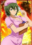  00s 1girl breasts card_(medium) female green_hair hat ikkitousen kyocho_chuukou large_breasts looking_at_viewer nurse shiny_skin short_hair solo 