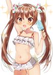  :d arm_up bikini blush bow brown_eyes brown_hair eyebrows_visible_through_hair fang food hair_bow highres kantai_collection libeccio_(kantai_collection) long_hair looking_at_viewer open_mouth polka_dot polka_dot_bow popsicle smile solo sparkle swimsuit twintails very_long_hair white_bow yayoichi_(yoruyoru108) 
