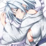  alternate_costume breasts closed_eyes commentary_request japanese_clothes kimono konpaku_youmu lying medium_breasts no_bra no_hairband nori_tamago off_shoulder on_side open_clothes open_kimono pillow short_hair silver_hair sleeping solo touhou upper_body 
