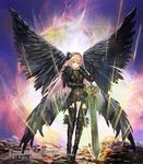  armor armored_dress bangs black_wings commentary_request divine_grimoire feathered_wings full_body gauntlets greaves grey_eyes hairband holding holding_sword holding_weapon long_hair looking_at_viewer momose_hisashi official_art pink_hair solo standing sword very_long_hair weapon wings 