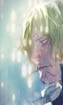  blonde_hair blue_eyes cigarette closed_mouth crying crying_with_eyes_open face facial_hair from_side highres lights looking_down male_focus muyukikiyoshi11521 one_piece outdoors rain sanji snot solo tears wet wet_face wet_hair 