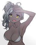  ahoge arm_up armpits bikini_top breasts cleavage dark_skin fang gradient gradient_background grey_bikini_top grey_hair jorin large_breasts long_hair no_nose open_mouth original side_ponytail simple_background solo sunlight sweat 
