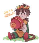  2016 androgynous black_eyes black_hair blush boots character_name chinese_clothes crying dragon_ball dragon_ball_(object) dragon_ball_z eyebrows_visible_through_hair flower flower_wreath grass hat hat_removed head_wreath headwear_removed highres holding holding_hat ikake_(ikaika8) long_hair long_sleeves looking_at_viewer male_focus number ponytail simple_background sitting solo son_gohan spiked_hair tail tears text_focus translated white_background 