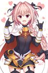  \m/ astolfo_(fate) black_bow bow braid cape fang fate/apocrypha fate/grand_order fate_(series) garter_straps hair_ribbon horn_(instrument) male_focus multicolored_hair open_mouth otoko_no_ko pink_hair purple_eyes ribbon ryuubou single_braid smile streaked_hair 
