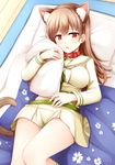  animal_ears breasts brown_eyes brown_hair cat_ears cat_tail futon jewelry kantai_collection large_breasts long_hair long_sleeves neckerchief ooi_(kantai_collection) open_mouth pillow pleated_skirt remodel_(kantai_collection) ring rui_shi_(rayze_ray) sailor_collar skirt solo tail wedding_band white_neckwear white_sailor_collar white_skirt 