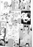  1girl 2boys areolae blush breasts breasts_outside buru comic greyscale large_breasts league_of_legends lulu_(league_of_legends) monochrome multiple_boys navel nude penis pubic_hair speech_bubble staff stomach text torn_clothes yordle 