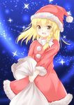  :d absurdres alternate_costume blonde_hair blush braid commentary cosplay dress hat highres kirisame_marisa long_hair looking_at_viewer night night_sky open_mouth sack santa_costume santa_hat side_braid single_braid sky smile solo star star_(sky) starry_sky touhou unira yellow_eyes 