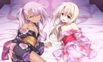  ass bare_shoulders bed black_kimono breasts brown_eyes brown_hair chloe_von_einzbern collarbone dark_skin fate/kaleid_liner_prisma_illya fate_(series) floral_print from_behind hand_on_own_ass illyasviel_von_einzbern japanese_clothes kimono long_hair looking_back lying multiple_girls no_bra obi off_shoulder on_side open_mouth pillow pink_hair pink_kimono red_eyes sash side_ponytail small_breasts soukai_(lemonmaiden) sweat yukata 