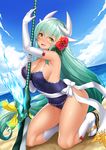  aqua_hair arched_back bangs bare_shoulders beach blue_swimsuit blush bow breasts cleavage cloud cloudy_sky commentary_request day elbow_gloves eyebrows_visible_through_hair fang fate/grand_order fate_(series) flower gloves hair_flower hair_ornament highres hips hitotsuki_nebura horns kiyohime_(fate/grand_order) kiyohime_(swimsuit_lancer)_(fate) kneeling large_breasts long_hair long_ponytail looking_at_viewer low-tied_long_hair naginata ocean one-piece_swimsuit open_mouth outdoors polearm sand sandals sash sidelocks sky smile solo swimsuit thighs very_long_hair water weapon wet white_gloves white_legwear yellow_eyes 