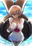  bare_shoulders breasts collarbone fate/grand_order fate_(series) glasses hair_over_one_eye highres kurosawa_shouichi large_breasts lavender_hair mash_kyrielight nipples one_breast_out open_mouth purple_eyes shield swimsuit_pull water 