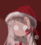  anger_vein angry diamond_hair_ornament hand_on_headwear hat himouto!_umaru-chan jacket kongou_hikari long_hair long_sleeves moemaru o_o red_background red_ribbon ribbon santa_hat school_uniform silver_hair sleeves_past_wrists white_jacket 