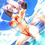  animal_ears areola_slip areolae armpits arms_up bikini blush breasts cloud covered_nipples day duplicate hair_ribbon hat huge_breasts inubashiri_momiji karochii navel ponytail red_eyes revision ribbon short_hair silver_hair sitting smile solo string_bikini swimsuit tail tokin_hat touhou water wet wolf_ears wolf_tail 