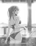  absurdres akiya_yukie ass bangs bare_arms bare_shoulders bikini breasts copyright_request from_behind greyscale highres long_hair looking_back medium_breasts monochrome onsen parted_lips ponytail side-tie_bikini solo standing steam swimsuit undressing untied untied_bikini wading water 