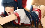  1girl areolae ass bent_over black_hair blush bottomless breasts butt_crack clothed_female_nude_male crying cum cum_on_lower_body cumdrip drooling eyes_closed hair_ornament highres japanese_clothes legs long_hair nakoruru nipples open_clothes open_mouth saliva samurai_spirits sex small_breasts snk solo_focus sweat table tears teitetsu_kishidan thighs vaginal 