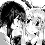  :&lt; animal_ears bangs blazer blush bunny_ears commentary_request greyscale hair_between_eyes hime_cut houraisan_kaguya jacket long_hair looking_at_another mana_(tsurubeji) monochrome multiple_girls necktie open_mouth reisen_udongein_inaba shirt textless touhou 