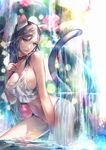  absurdres animal_ears bangs bare_shoulders black_hair breasts cat_ears cat_tail choker cleavage collarbone commentary_request covered_nipples green_eyes highres hitowa large_breasts lips long_hair looking_at_viewer navel original solo tail tank_top thong wading water wet wet_clothes 
