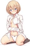  blanc blue_eyes blush breasts brown_hair daiaru highres looking_at_viewer navel neptune_(series) no_bra open_clothes open_shirt panties shirt short_hair small_breasts solo underwear white_panties 