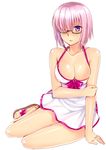  absurdres bare_shoulders blush breasts cleavage collarbone eyebrows_visible_through_hair fate/grand_order fate_(series) flip-flops glasses gu_li hair_over_one_eye highres large_breasts looking_at_viewer mash_kyrielight parted_lips pink_hair purple_eyes sandals short_hair sitting solo 