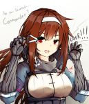  1girl android artist_name b_o_y brown_hair english girls_frontline hair_ornament headband highres js_9_(girls_frontline) mechanical_arms mole mole_under_eye red_eyes roaring scarf signature smile 