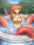  absurdres bare_shoulders bikini_top breasts bush cleavage collarbone commission day eyebrows_visible_through_hair grass hair_between_eyes hair_ornament hairclip hand_on_own_chest highres jewelry lamia long_hair looking_at_viewer medium_breasts miia_(monster_musume) monster_girl monster_musume_no_iru_nichijou navel orange_hair outdoors partially_submerged pointy_ears revision ring scales side_ponytail smile solo sookmo swimsuit wading_pool water water_drop wedding_band yellow_bikini_top yellow_eyes 