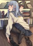  ass bangs black_legwear blue_eyes blue_hair blunt_bangs blush cardigan crotch_seam feet flipped_hair from_behind hatsukaze_(kantai_collection) kantai_collection kyuuso_inukami loafers long_hair long_sleeves looking_at_viewer looking_back open_mouth panties panties_under_pantyhose pantyhose pleated_skirt school_uniform serafuku shoes shoes_removed sitting skirt soles solo straight_hair thighband_pantyhose underwear white_panties yokozuwari 