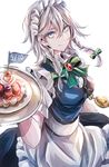  apron bad_id bad_pixiv_id blue_dress blue_eyes bow bowtie braid breasts brooch cake closed_mouth commentary_request cowboy_shot dress food green_bow green_neckwear hair_between_eyes hair_bow highres holding holding_tray izayoi_sakuya jan_(lightdragoon) jewelry looking_at_viewer maid maid_headdress medium_breasts mini_flag pocket_watch puffy_short_sleeves puffy_sleeves short_sleeves silver_hair smile solo touhou tray twin_braids waist_apron watch 