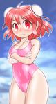  bandaged_arm bandages breasts bun_cover cleavage cowboy_shot crossed_arms double_bun ibaraki_kasen looking_at_viewer medium_breasts one-piece_swimsuit pink_hair pink_swimsuit red_eyes short_hair solo swimsuit touhou wavy_mouth winn 