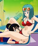  2girls aqua_hair aqua_nails arm arms bare_arms bare_legs bare_shoulders bikini black_eyes black_hair blue_dress blue_eyes breasts bulma chair chichi cleavage closed_mouth dicasty dragon_ball dragonball_z dress eye_contact female hair_bun knee_up leg_grab legs lips lipstick long_hair looking_at_another looking_down looking_up lying makeup midriff milf multiple_girls nail_polish naughty_face navel on_stomach outdoors red_bikini red_lipstick red_nails red_swimsuit red_wristband short_hair sitting sleeveless sleeveless_dress sunglasses sunglasses_on_head swimsuit tied_hair yuri 