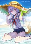  beach cloud day dog_tail elin_(tera) emily_(pure_dream) hands_on_headwear hat highres legs long_hair one-piece_swimsuit outdoors purple_eyes purple_hair ribbon school_swimsuit school_uniform see-through serafuku shirt shoes sitting sketch sky smile solo sun_hat swimsuit swimsuit_under_clothes tail tera_online water wet wet_clothes wet_shirt wrist_ribbon 