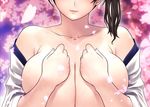  bare_shoulders black_hair blurry blush breast_squeeze breasts breasts_outside cherry_blossoms clenched_hands close-up closed_mouth collarbone covering covering_breasts depth_of_field head_out_of_frame head_tilt highres japanese_clothes jewelry kaga_(kantai_collection) kantai_collection kimono large_breasts light_smile lips long_sleeves looking_at_viewer medium_hair night night_sky no_bra open_clothes open_kimono outdoors outline petals pink_lips ring shoumaru_(gadget_box) side_ponytail sky smile solo transparent upper_body wedding_band white_kimono 
