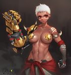  abs arm_at_side armlet artist_name baggy_pants biceps bodypaint breasts breasts_apart brown_lipstick clenched_hands collarbone cowboy_shot cyborg dark_skin doomfist_(overwatch) elbow_gloves eyelashes facepaint facial_mark fingerless_gloves genderswap genderswap_(mtf) gloves groin hand_up highres large_breasts lips lipstick looking_at_viewer makeup navel overwatch pants parted_lips pasties power_fist red_eyes robot_ears short_hair shoulder_spikes solo spikes standing stomach thighs toned topless vana white_hair white_pants 