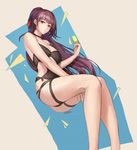  artist_name bangs bare_legs bare_shoulders blunt_bangs breasts choker cleavage closed_mouth commentary_request food from_side girls_frontline hair_ribbon highres large_breasts long_hair looking_at_viewer looking_to_the_side monaim popsicle purple_hair red_eyes red_ribbon ribbon solo very_long_hair wa2000_(girls_frontline) 