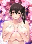  bangs black_hair blurry blush breast_squeeze breasts cherry_blossoms clenched_hands closed_mouth collarbone covering covering_breasts depth_of_field hair_between_eyes half-closed_eyes head_tilt jewelry kaga_(kantai_collection) kantai_collection large_breasts light_smile lips looking_at_viewer night night_sky nude outdoors outline petals pink_lips ring short_hair shoumaru_(gadget_box) side_ponytail sky smile solo translation_request transparent upper_body wedding_band yellow_eyes 