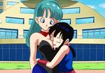  2girls aqua_hair arm bare_arms bare_shoulders black_hair black_leotard blue_eyes breasts bulma bunnysuit chichi cleavage closed_mouth dicasty dragon_ball dragonball_z eyes_closed female grin hourglass_figure hug human leotard lipstick long_hair makeup milf multiple_girls neck outdoors parted_lips sleeveless smile standing strapless strapless_leotard voluptuous yuri 
