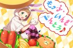  1boy animal_hood blush bowl brown_hair bunny_hood food food_on_face green_eyes himeno_kanon hood idolmaster idolmaster_side-m in_bowl in_container in_food looking_at_viewer male_focus mittens nyangvh oversized_object rice rice_on_face shorts solo surprised 