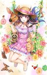  :d animal armband bangs berries blunt_bangs blush bow breasts brown_hair bug bunny butterfly clover deer dress flower four-leaf_clover frilled_armband frilled_dress frills hat hat_bow insect ipass_(yi_ka_tong) jewelry ladybug layered_dress long_hair looking_at_viewer medium_breasts necklace official_art open_mouth pink_bow pink_dress plant purple_eyes qian_wu_atai raccoon round_teeth sandals sitting smile solo squirrel sun_hat swing swinging teeth vines w_arms xiao_pa 
