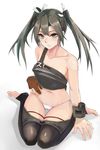  barefoot breasts commentary_request gloves graphite_(medium) green_hair kantai_collection long_hair muneate naga1047 naked_muneate navel panties partly_fingerless_gloves sideboob sitting small_breasts solo traditional_media twintails underwear wariza white_background yugake zuikaku_(kantai_collection) 