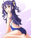  barefoot brown_eyes competition_swimsuit from_behind high_school_fleet highres kapatarou long_hair looking_back one-piece_swimsuit purple_hair school_swimsuit sitting solo suruga_runa swimsuit twintails two_side_up wariza 