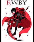  bad_id bad_pixiv_id black_footwear boots cape cloak crescent_rose cross-laced_footwear dress flat_color hood hooded_cloak knee_boots lace-up_boots long_sleeves pantyhose petals red_cape red_eyes rose_petals ruby_rose rwby sakano_anri scythe short_hair 