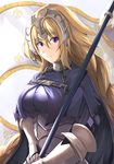  armor blonde_hair blue_eyes blush braid breasts closed_mouth eyebrows_visible_through_hair fate/apocrypha fate_(series) flag highres holding holding_flag jeanne_d'arc_(fate) jeanne_d'arc_(fate)_(all) kanzaki_kureha large_breasts long_hair looking_at_viewer smile solo upper_body 